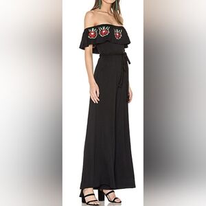 VaVa by Joy Han black jersey wide leg jumpsuit rose embroidery braided belt sz L